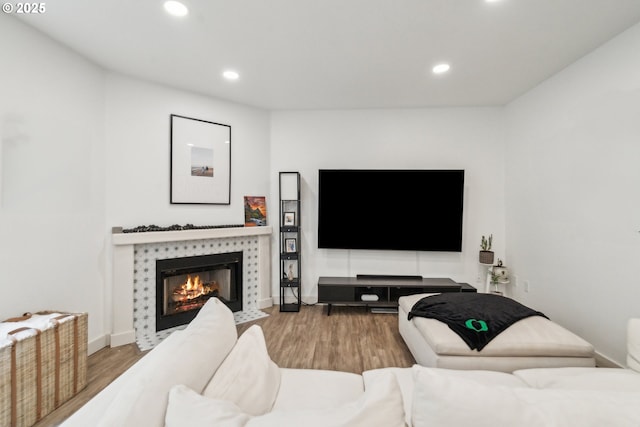 living room with a fireplace, wood finished floors, and recessed lighting