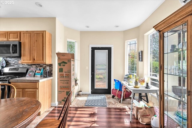 35412 SE Shade Tree Ln, Estacada, OR 97023 - kitchen with appliances with stainless steel finishes, wood finished floors, backsplash, light countertops, and baseboards
