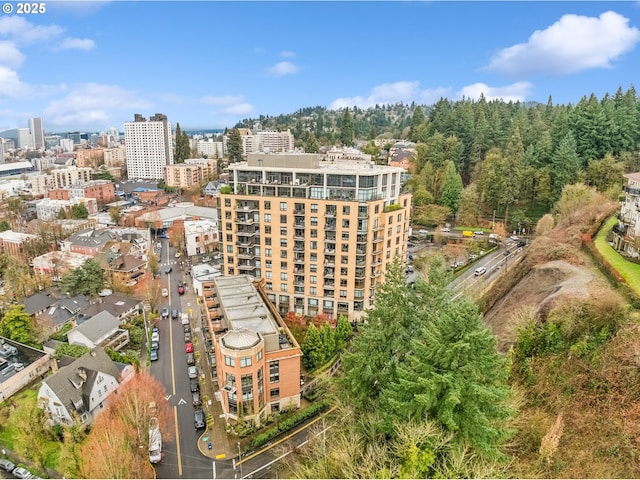 birds eye view of property with a city view