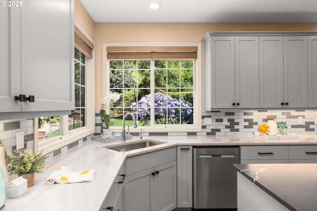 342 NW 84th Pl, Portland, OR 97229 - kitchen featuring stainless steel dishwasher, gray cabinetry, a sink, plenty of natural light, and recessed lighting