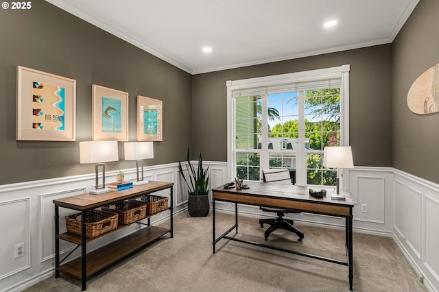 342 NW 84th Pl, Portland, OR 97229 - office featuring a decorative wall, a wainscoted wall, light colored carpet, crown molding, and recessed lighting