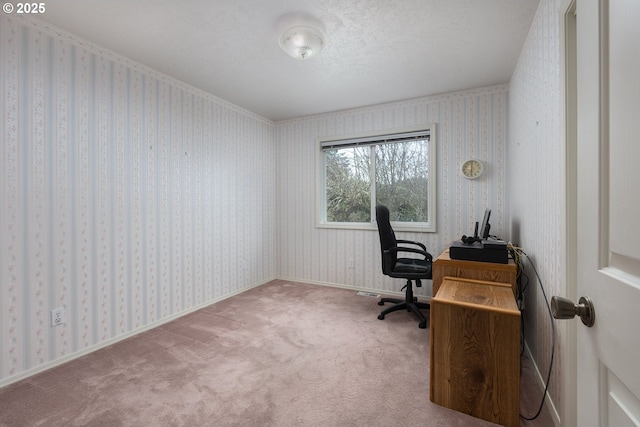 carpeted office space with a textured ceiling, baseboards, and wallpapered walls