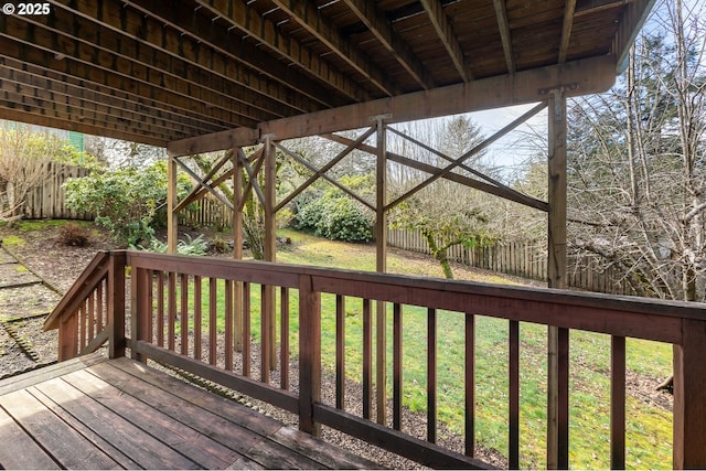 wooden deck featuring a yard and fence