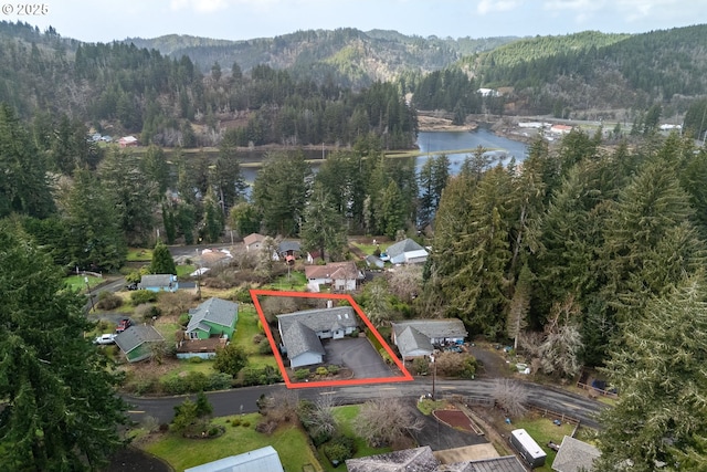 birds eye view of property featuring a water view and a forest view