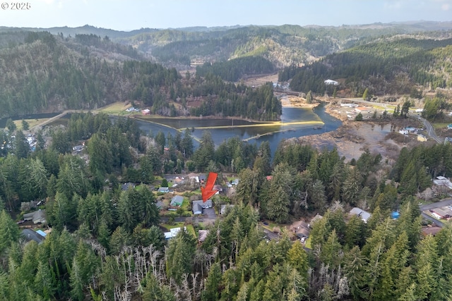 drone / aerial view with a water view and a forest view