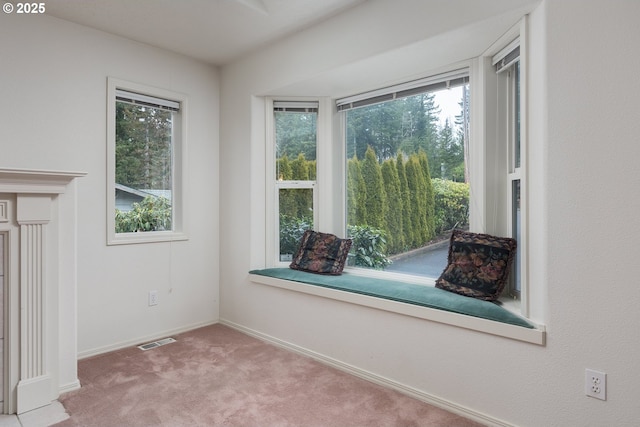 interior space featuring carpet, visible vents, and baseboards