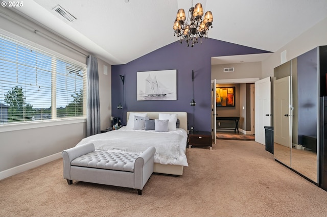 5309 NW 13th Cir, Camas, WA 98607 - bedroom featuring a chandelier, light colored carpet, vaulted ceiling, and baseboards