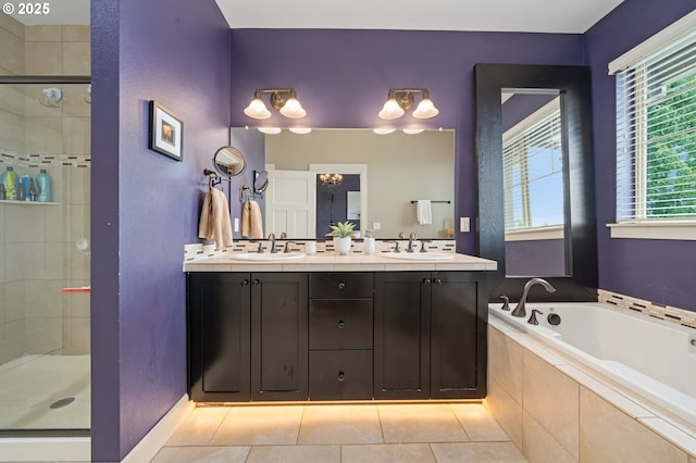 5309 NW 13th Cir, Camas, WA 98607 - bathroom with a bath, a stall shower, double vanity, and tile patterned floors