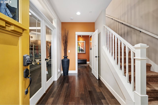 5309 NW 13th Cir, Camas, WA 98607 - hallway with french doors, wood finished floors, stairs, baseboards, and recessed lighting