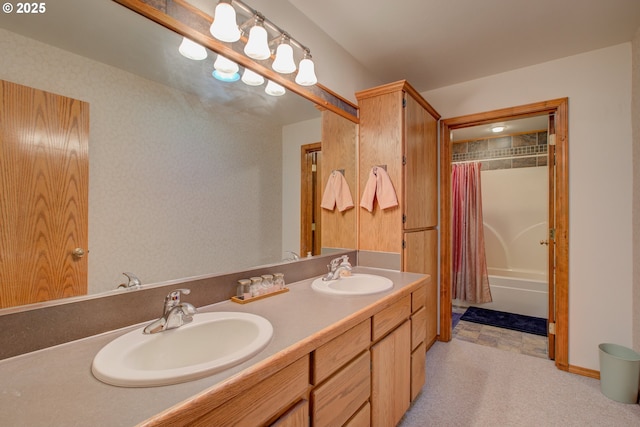 bathroom with vanity and shower / bath combo