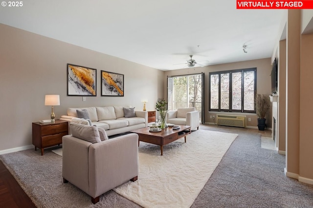 8712 N Decatur St Unit 302, Portland, OR 97203 - carpeted living area featuring ceiling fan and baseboards