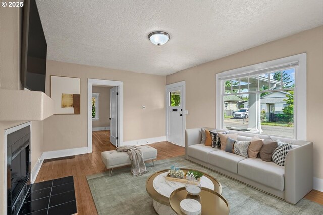 8316 SE Raymond Ct, Portland, OR 97266 - living room featuring wood finished floors, a textured ceiling, baseboards, and a fireplace with flush hearth