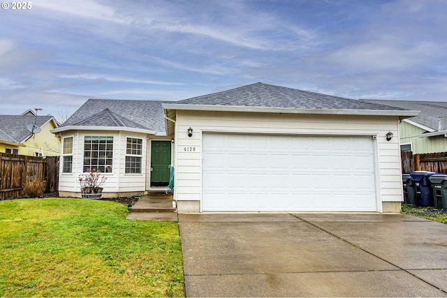 ranch-style home featuring fence, concrete driveway, an attached garage, a shingled roof, and a front yard