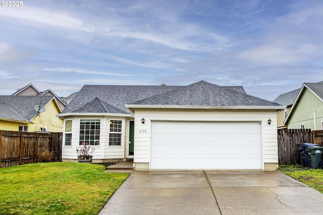 ranch-style home with a front yard, a shingled roof, driveway, and fence