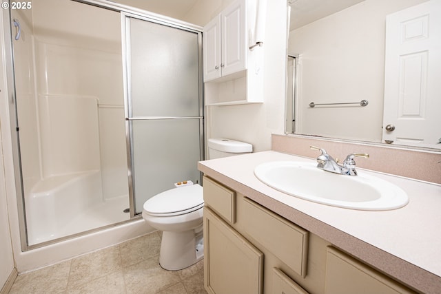 bathroom with tile patterned floors, vanity, toilet, and a shower stall