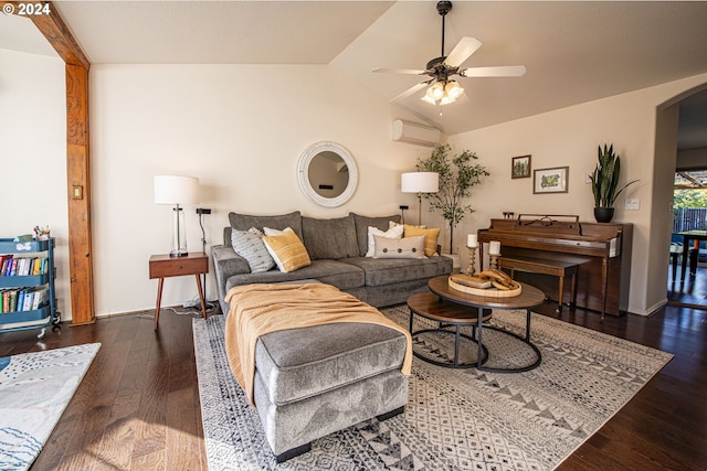 living area with hardwood / wood-style floors, a wall unit AC, arched walkways, ceiling fan, and vaulted ceiling