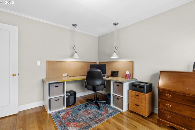 office space featuring light wood-type flooring, ornamental molding, and baseboards