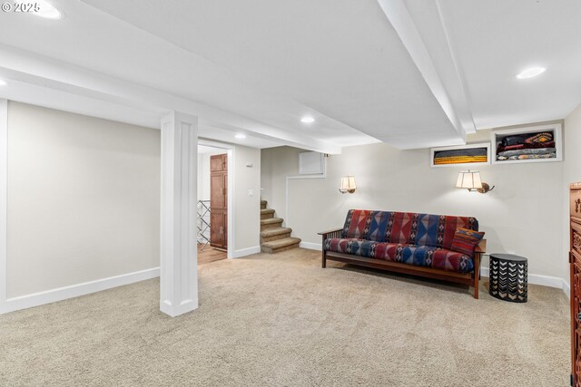 living area featuring carpet, recessed lighting, baseboards, and stairs