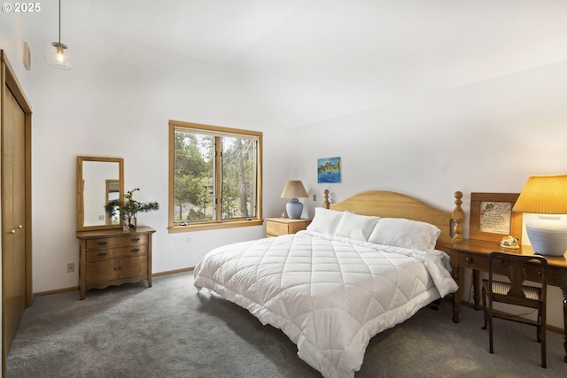 17692 Rogue Ln, Sunriver, OR 97707 - bedroom featuring carpet, baseboards, and high vaulted ceiling