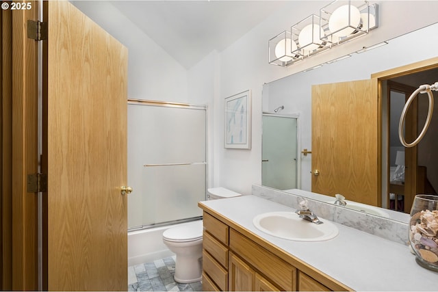 17692 Rogue Ln, Sunriver, OR 97707 - bathroom featuring vanity, toilet, shower / bath combination with glass door, and vaulted ceiling