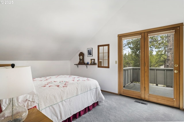 17692 Rogue Ln, Sunriver, OR 97707 - carpeted bedroom featuring lofted ceiling, access to exterior, and baseboards