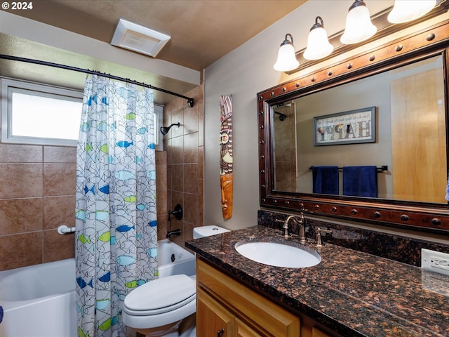 full bath featuring vanity, toilet, and shower / tub combo with curtain
