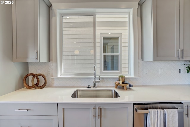 17955 SW Howlock Ln, Beaverton, OR 97007 - kitchen featuring a sink, dishwasher, gray cabinets, and decorative backsplash