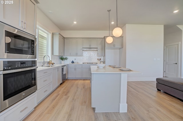 17955 SW Howlock Ln, Beaverton, OR 97007 - kitchen with stainless steel appliances, a sink, tasteful backsplash, light wood-type flooring, and under cabinet range hood