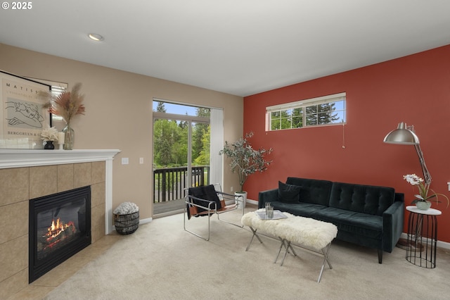 1544 SW 175th Ave, Beaverton, OR 97003 - living room featuring carpet, a fireplace, baseboards, and recessed lighting