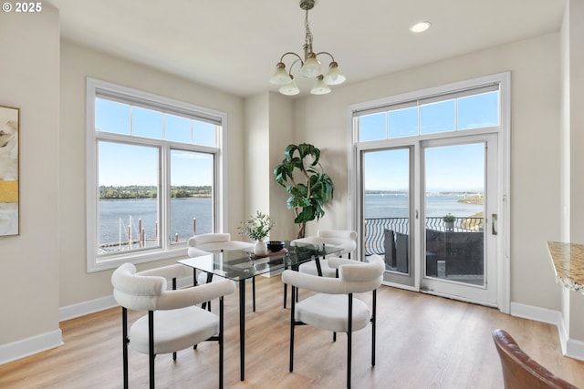 707 N Hayden Island Dr Unit 415, Portland, OR 97217 - dining space featuring a chandelier, light wood finished floors, a water view, and recessed lighting