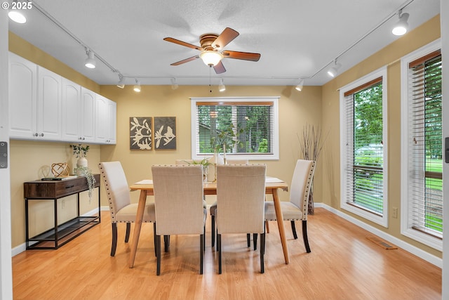 3270 N Maple St, Canby, OR 97013 - dining space featuring rail lighting, light wood-type flooring, ceiling fan, and baseboards