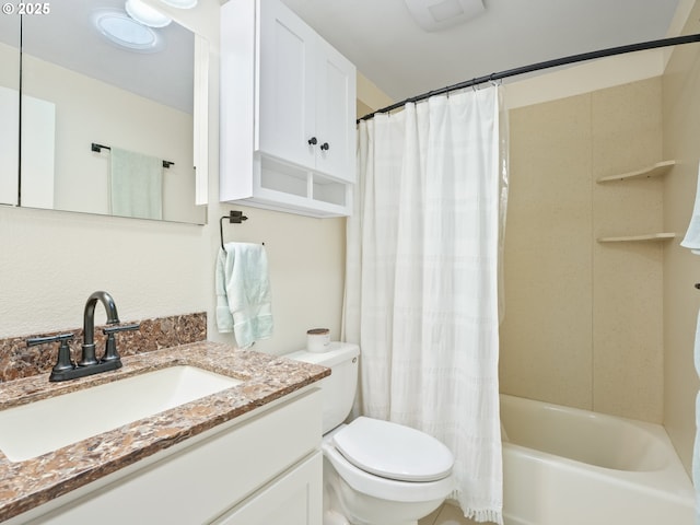 full bath with vanity, shower / bathtub combination with curtain, and toilet