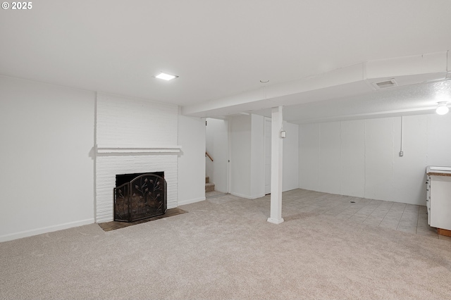 116 SE 153rd Ave, Portland, OR 97233 - finished basement featuring light carpet, stairway, a fireplace, and baseboards
