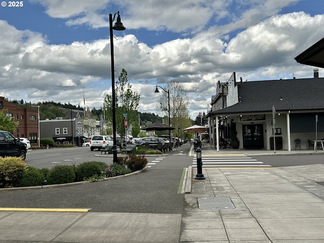 view of street featuring sidewalks, street lighting, and curbs