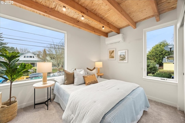 bedroom featuring wooden ceiling, carpet, beam ceiling, and a wall mounted AC