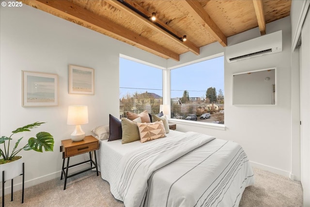 carpeted bedroom featuring an AC wall unit, beamed ceiling, wooden ceiling, and baseboards