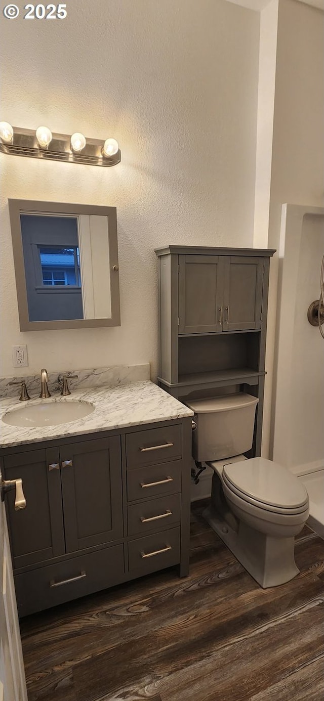 bathroom featuring toilet, wood finished floors, and vanity