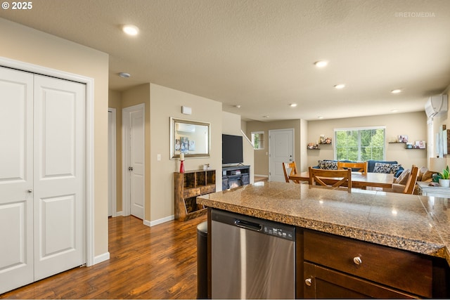 21889 SW Cedar Brook Way, Sherwood, OR 97140 - kitchen featuring tile counters, dishwasher, an AC wall unit, dark wood-type flooring, and open floor plan