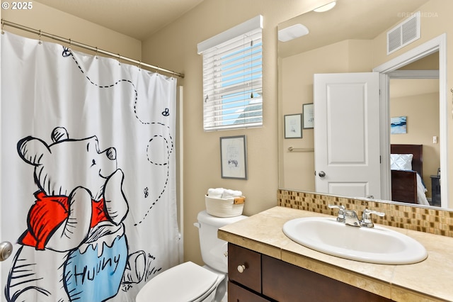 21889 SW Cedar Brook Way, Sherwood, OR 97140 - full bathroom featuring vanity, backsplash, a shower with shower curtain, and ensuite bath