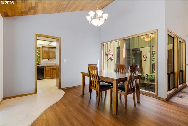 16649 S Holcomb Blvd, Oregon City, OR 97045 - dining area with a chandelier, light wood-type flooring, baseboards, wooden ceiling, and high vaulted ceiling