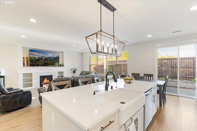 kitchen with open floor plan, light wood-style flooring, a sink, and stainless steel dishwasher