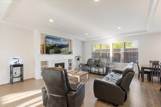 living area with a tray ceiling, wood finished floors, and recessed lighting