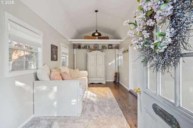 entryway with lofted ceiling, baseboards, and wood finished floors