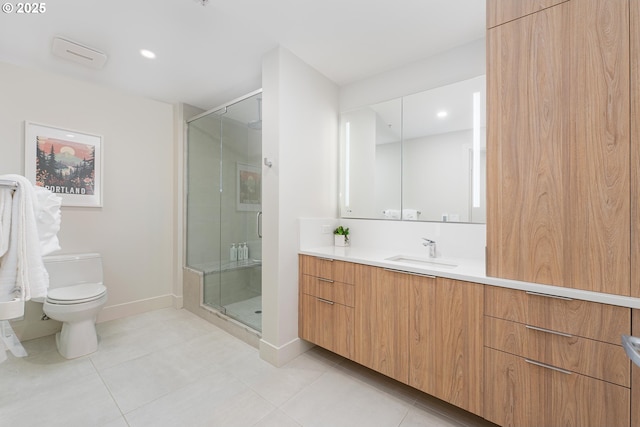 bathroom featuring vanity, an enclosed shower, tile patterned flooring, and toilet