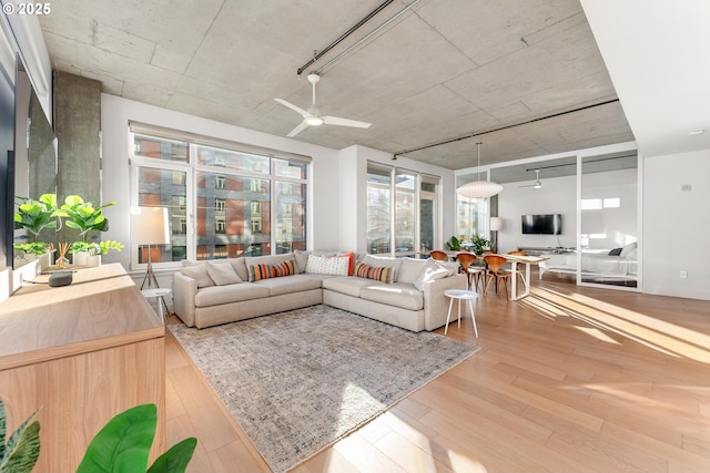 1255 NW 9th Ave Unit 411, Portland, OR 97209 - living room featuring wood finished floors, a ceiling fan, and rail lighting