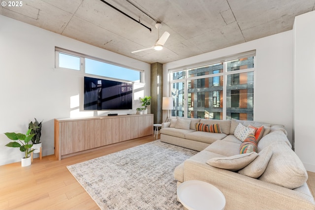 living room with ceiling fan and light hardwood / wood-style floors