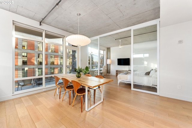 dining area featuring track lighting and light wood-type flooring