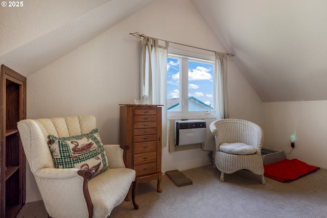 48025 NW Strohmayer Rd, Forest Grove, OR 97116 - living area featuring vaulted ceiling, carpet floors, and a wall mounted air conditioner