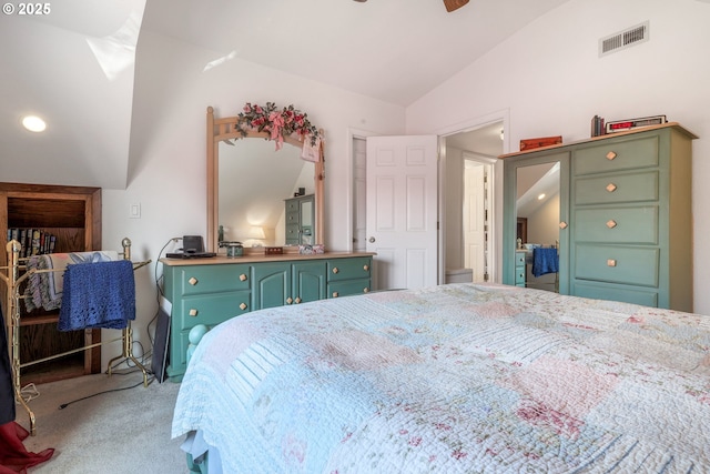 48025 NW Strohmayer Rd, Forest Grove, OR 97116 - bedroom with vaulted ceiling, light carpet, and ceiling fan