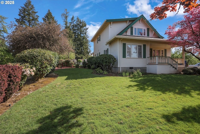 48025 NW Strohmayer Rd, Forest Grove, OR 97116 - view of property exterior with a yard, covered porch, and crawl space